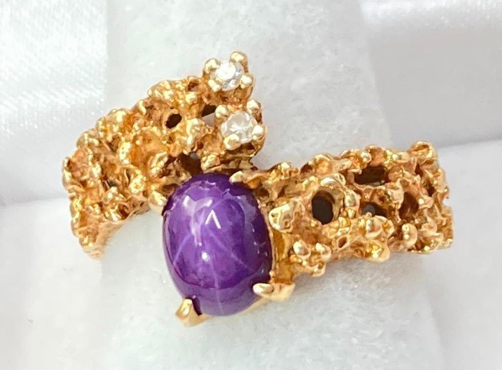 14K Fine Gold Nugget Ring with Diamonds and Star Sapphire  6.8 grams  Size 7