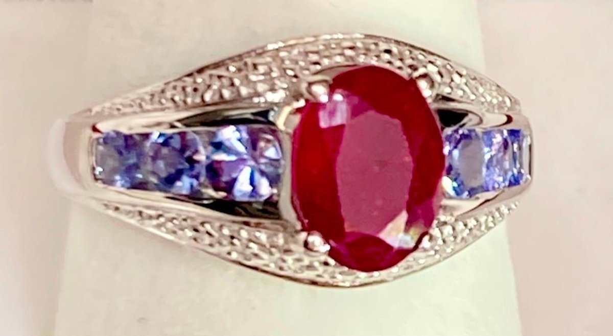 1 Carat Genuine Ruby Gemstone with Tanzanite Side Stones set in Rhodium over Sterling Silver 