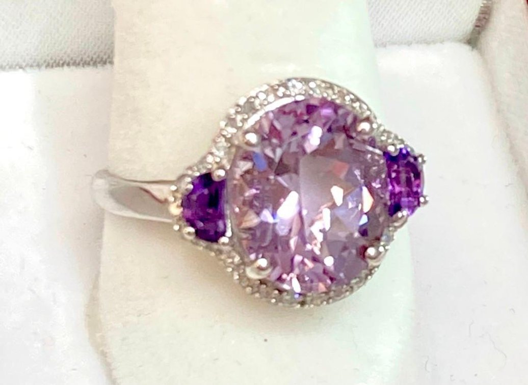 Genuine Diamond Halo 3 Carat Light Lavender Amethyst Rhodium Over Sterling Silver