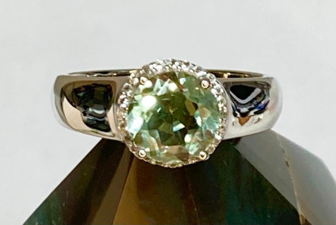 Genuine 2 Carat Exquisite Green Amethyst with White Topaz Rhodium over Sterling Silver Ring Size 8