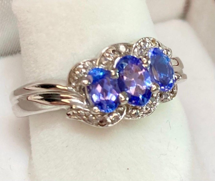 3 Genuine Tanzanite Gemstones set in Rhodium over Sterling Silver Ring Size 7