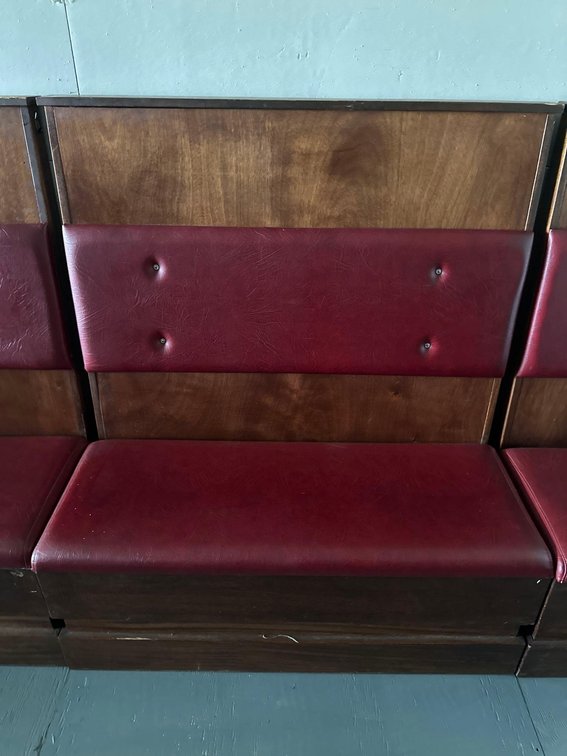 Wood and Maroon Cushion Two Person Bench Restaurant Booth 