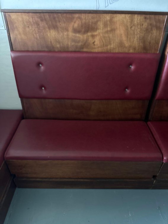 Wood and Maroon Cushion Two Person Bench Restaurant Booth 