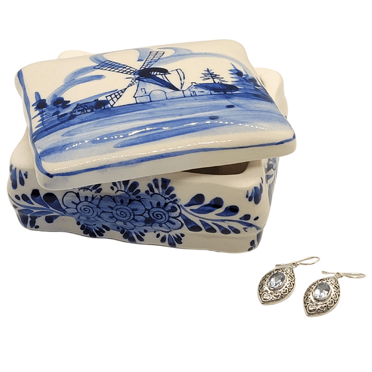 Delft Blauw Jewelry Box with Windmill & Blue Topaz Dangle Earrings Set in Intricate Sterling Silver Setting