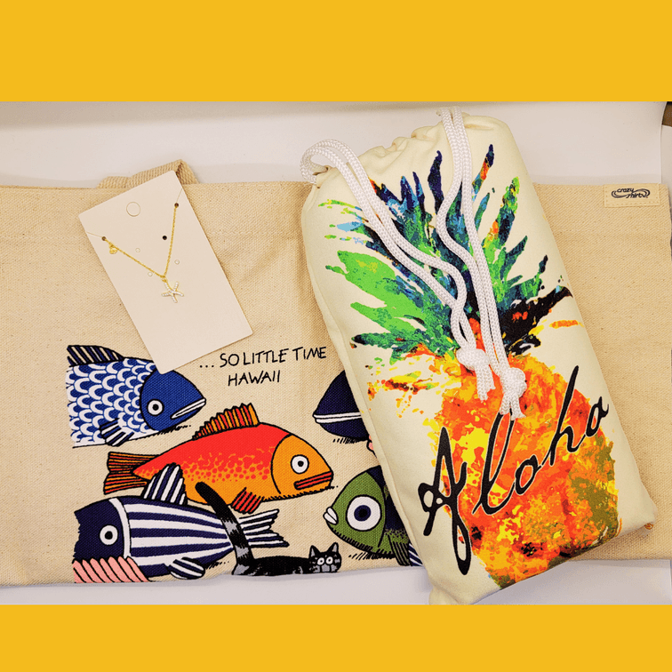 Sterling Gold Plated Starfish Pendant and Necklace, "Splatter Pineapple" Microfiber Beach Towel & "So Many Fish" Tote by Crazy Shirts