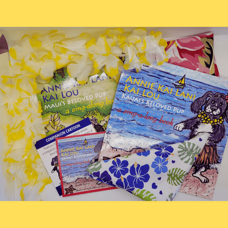 Annie Kai Lani Kai Lou Kauai & Maui Beloved Pup Digital Companion Cartoon Version, yellow and white lei, Pink Dog Bandana & Monster and Hibiscus Dog Bandana