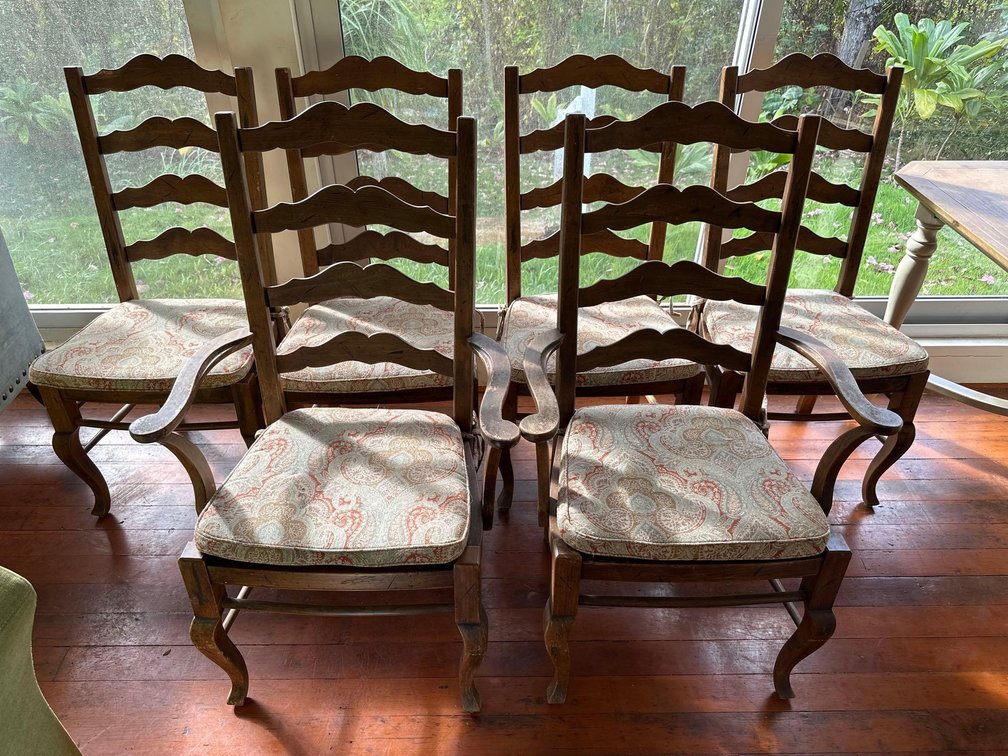 (X's 6) Ethan Allen Wooden Dining Chairs with Paisley Seat Cushions 