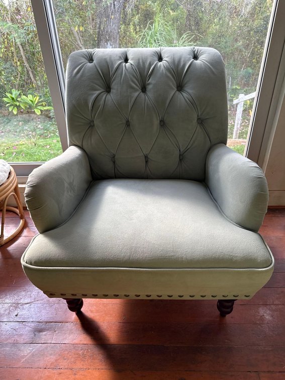 Tufted Light Colored Arm Chair with Stud Accents 