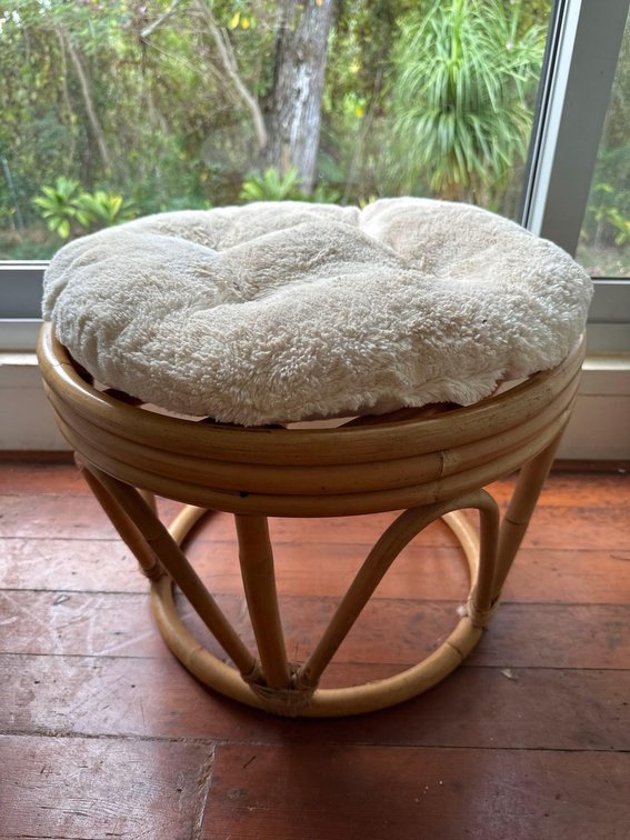 Rattan Style Stool/ Foot Rest with Light Colored Fuzzy Cushion 
