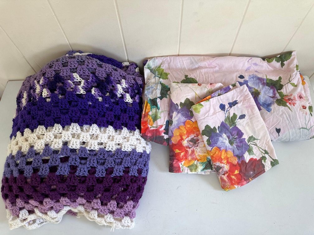 Floral Duvet Cover with Two Matching Pillow Cases and Handmade Purple Afghan