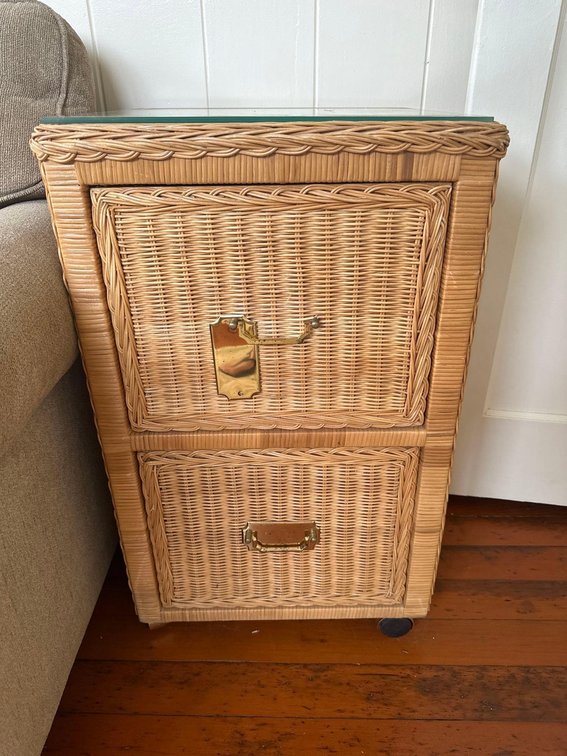 Two Drawer Wicker Style Side Table on Wheel with Glass Topper 