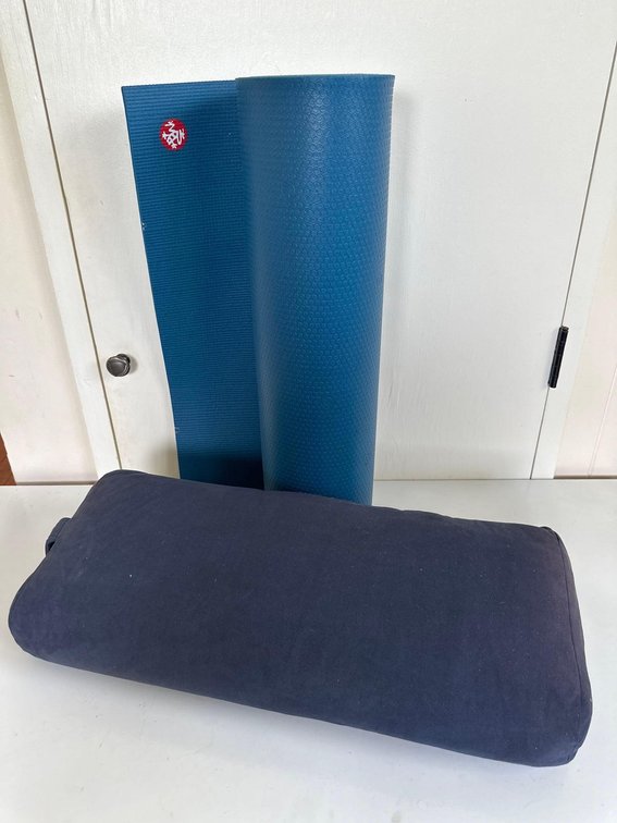 Manduka Rectangle Bolster Pillow and Blue Yoga Mat 