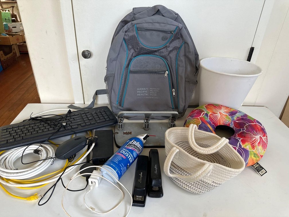 Mixed Lot of Various Office Items, Travel Pillow, Backpack and Waste Basket 