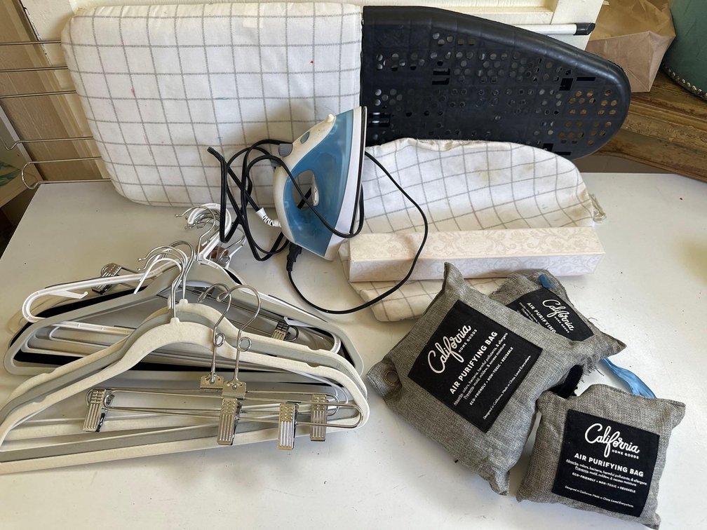 Ironing Board, Iron, California Air Purifying Bags, and Hangers
