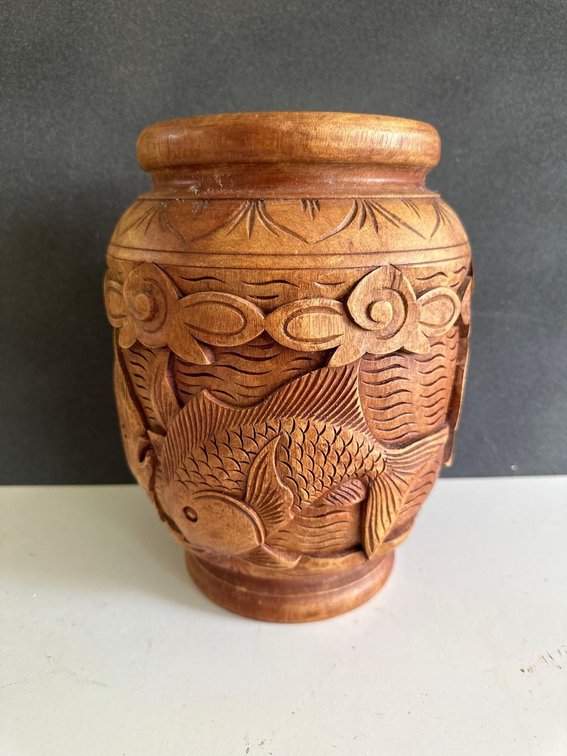 Maka Monkeypod Large Carved Fish Vase 