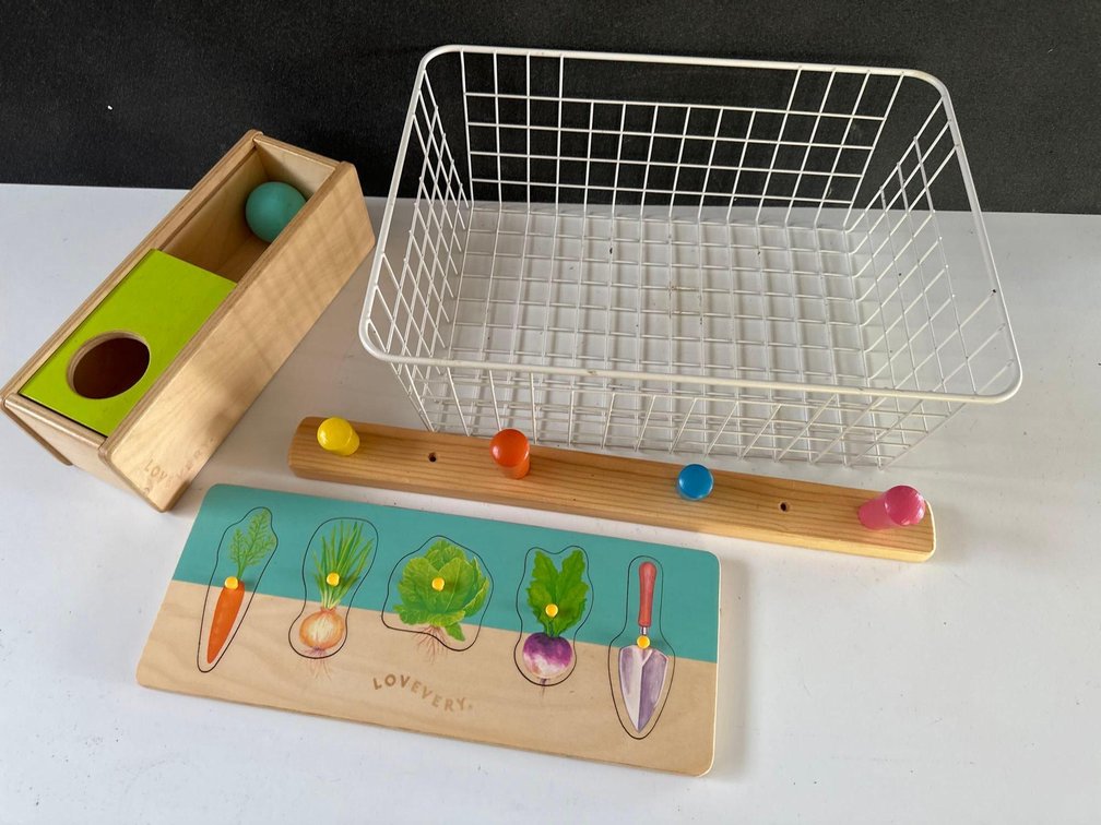 White Wire Basket, Toddler Toys and Color Wall Hook 