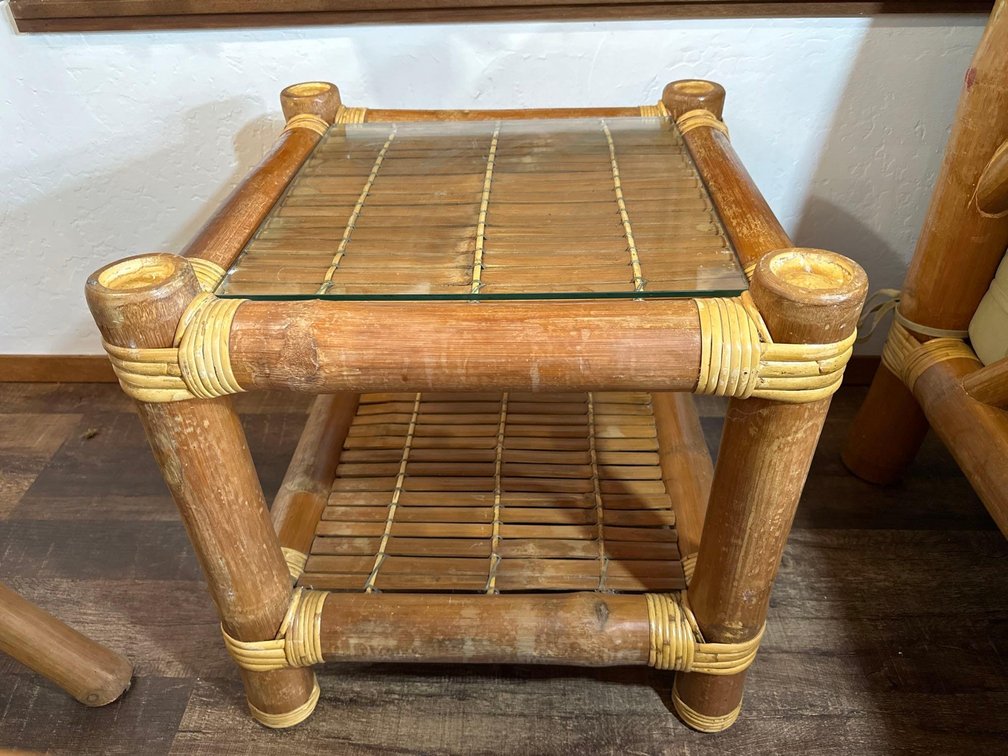 Island Bamboo Rattan Style Side Table with Glass Topper 