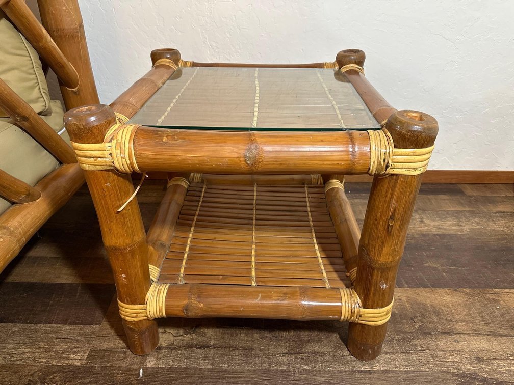 Island Bamboo Rattan Style Side Table with Glass Topper 