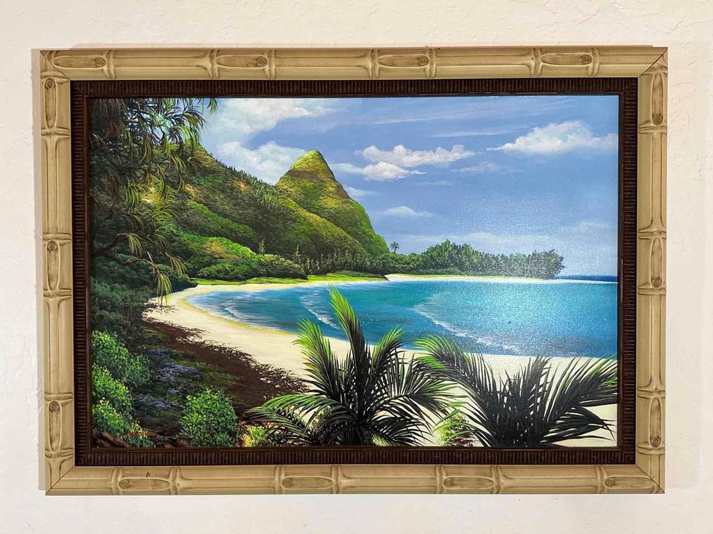 Artist "Schimura" Signed Beach Print in Bamboo Style Frame 