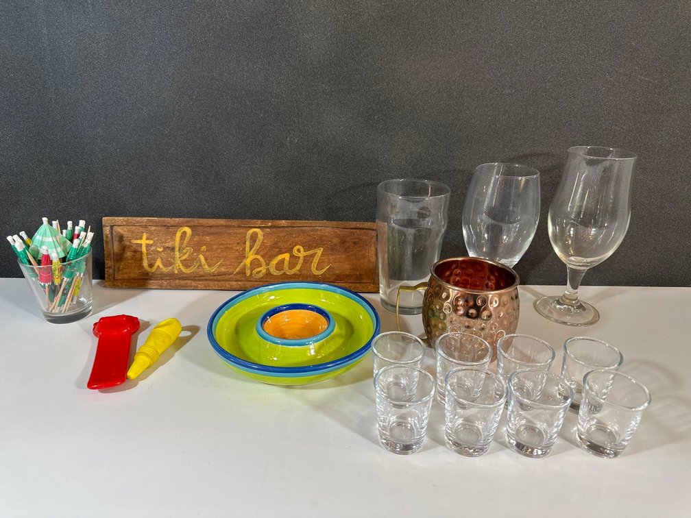 Mixed Lot of Bar Accessories and Tiki Bar Sign 