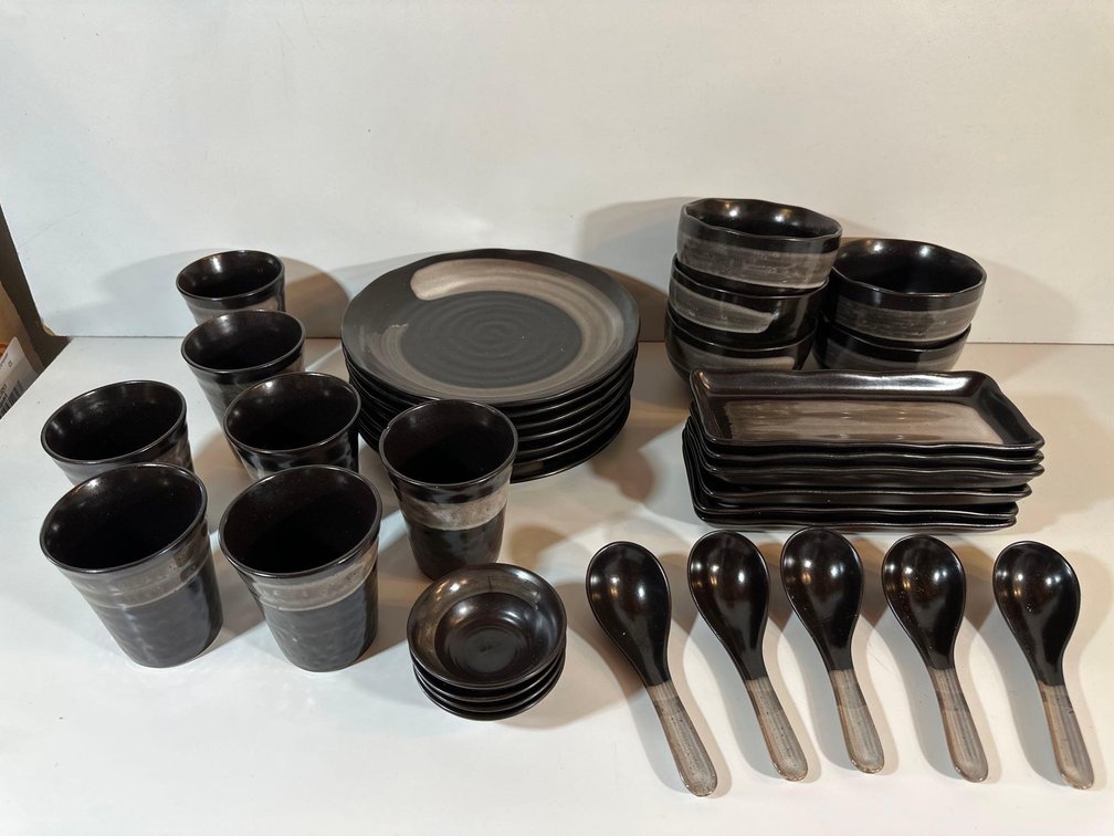 Black and Tan Asian Dishware and Soup Spoons 
