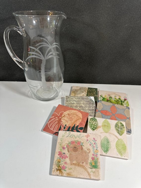 Coconut Tree Etched Glass Pitcher and Coasters 