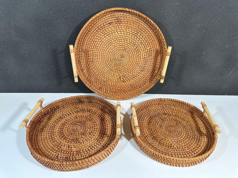 Set of Three Rattan Style Nesting Serving Trays 