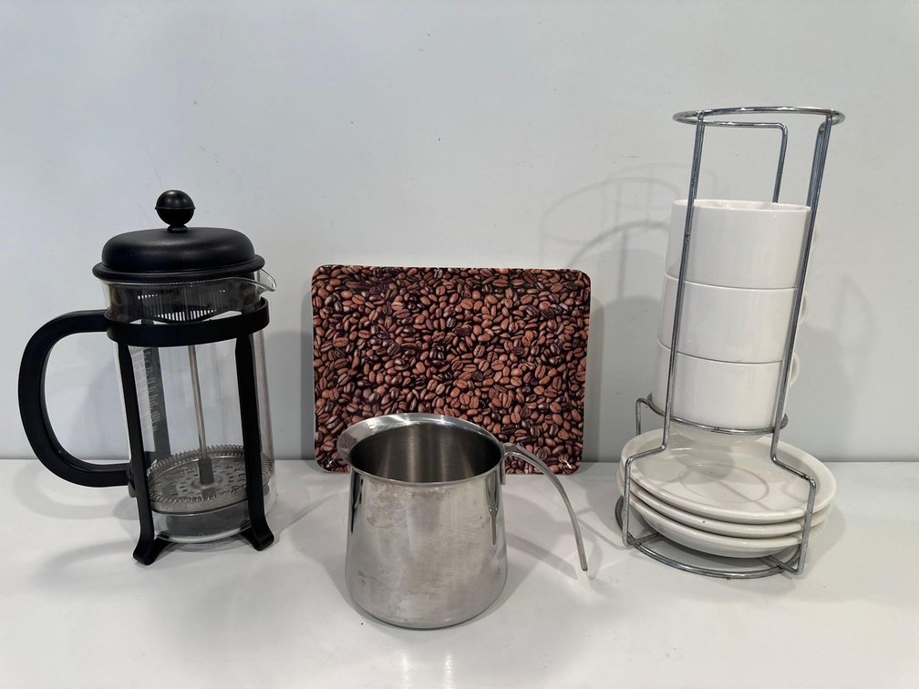 French Press, Set of Three Cup/Saucer Set and Coffee Accessories 