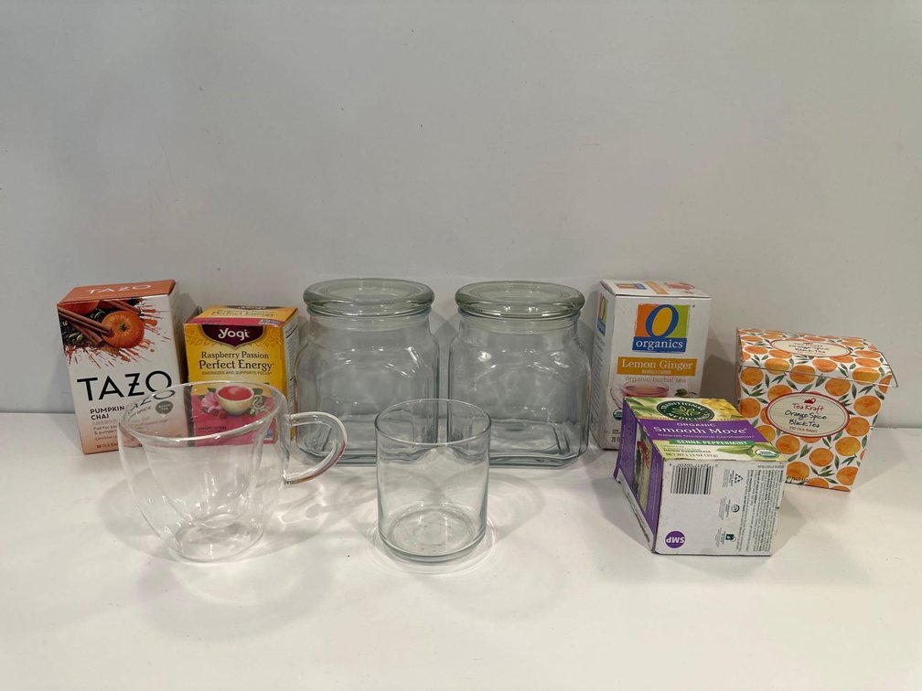 Mixed Bags of Tea, Glass Jars and Mug 