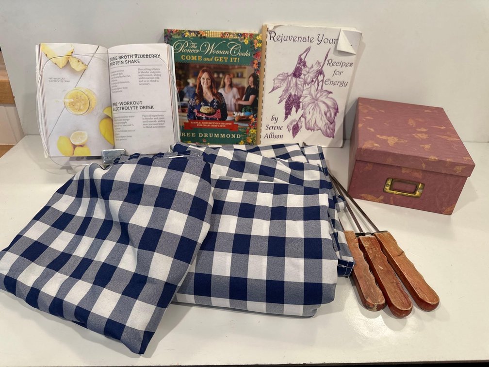 Cook Books, Cook Book Stand, Tablecloths and Recipe Card Box 