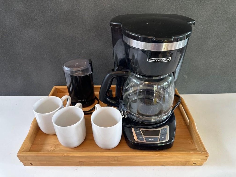 Black & Decker Coffee Maker, KRUPS Grinder, Mugs and Tray 