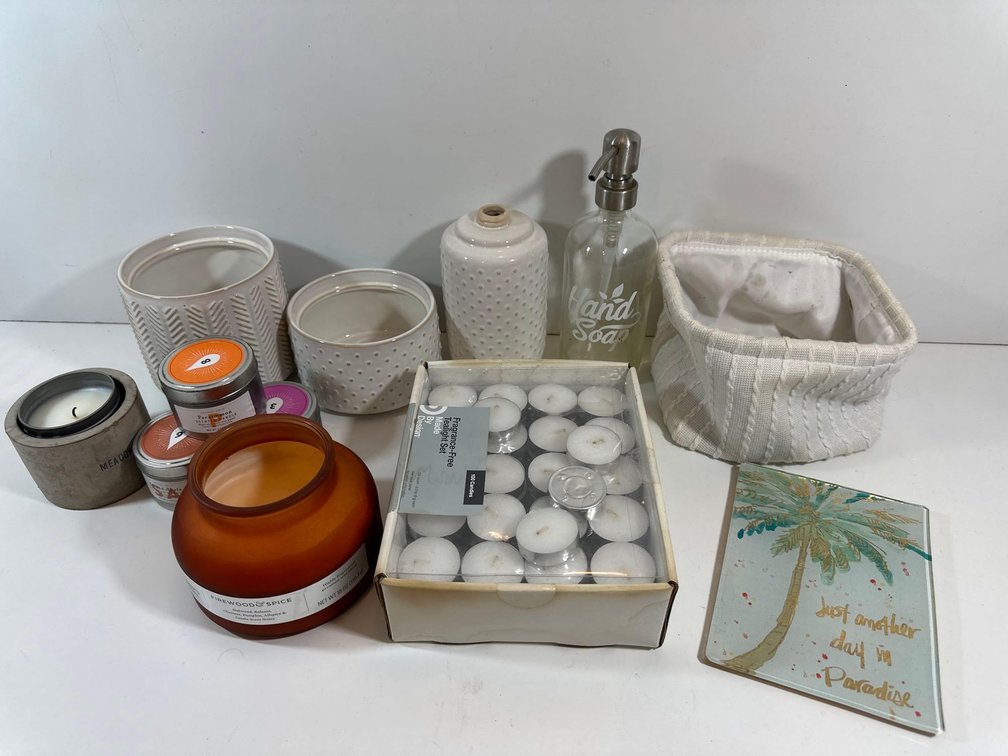 Hand Soap Dispenser, Ceramic Jars and Candles 