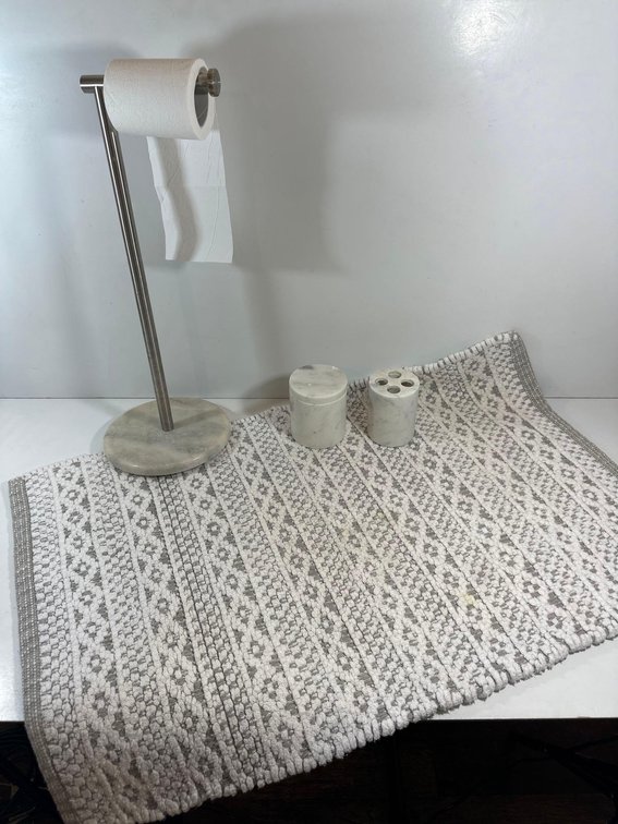 Threshold Toothbrush Holder and Canister, Gray/White Rug, and Toilet Paper Roll Holder