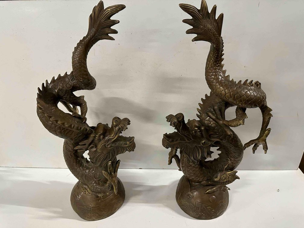 (X's 2) Antique Chinese Bronze Dragon Statues 