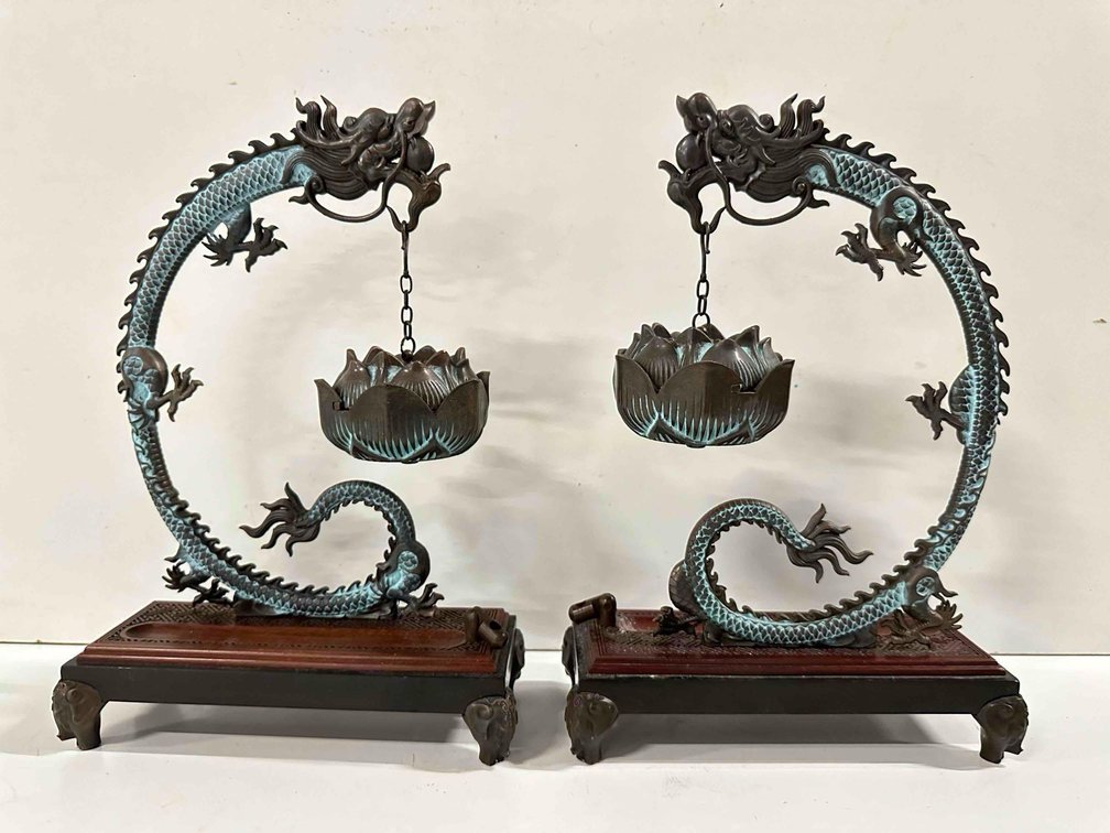 (X's 2) Antique Bronze Dragon Hanging Lotus Incense Burners 