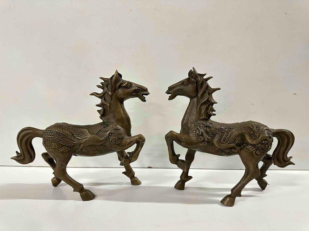 (X's 2) Chinese Copper Feng Shui Horse Dragon Phoenix Lucky Statues