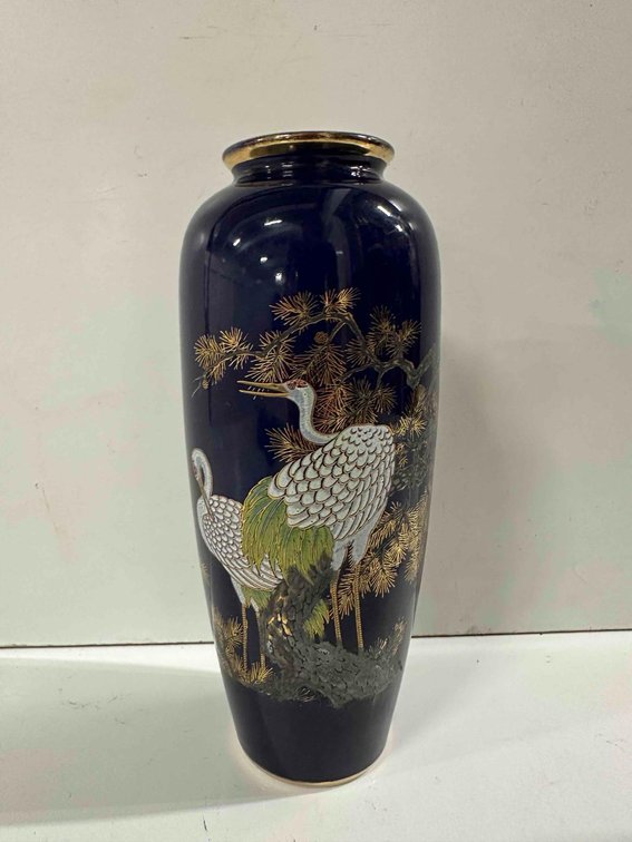 Vintage Circa 1980's Japanese Cobalt Vase Heron Stork Hand Painted Gilded Vase