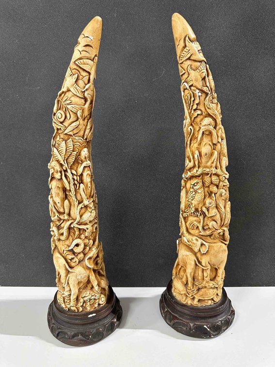 (X's 2) Vintage Carved Resin Faux Jungle Carved Tusks 