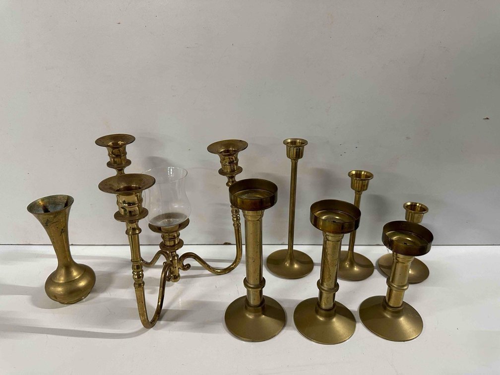 Mixed Lot of Brass Candlestick Holders and Vase 