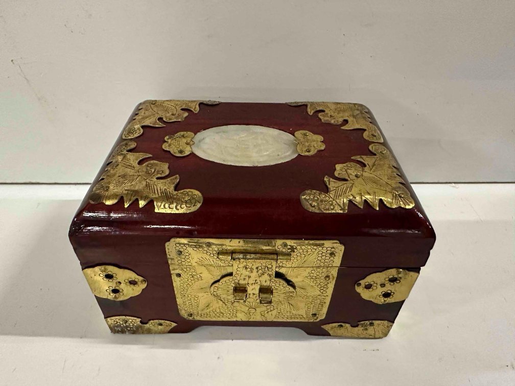Vintage Chinese Wood and Brass Jewelry Box with Jade Stone Inlay 