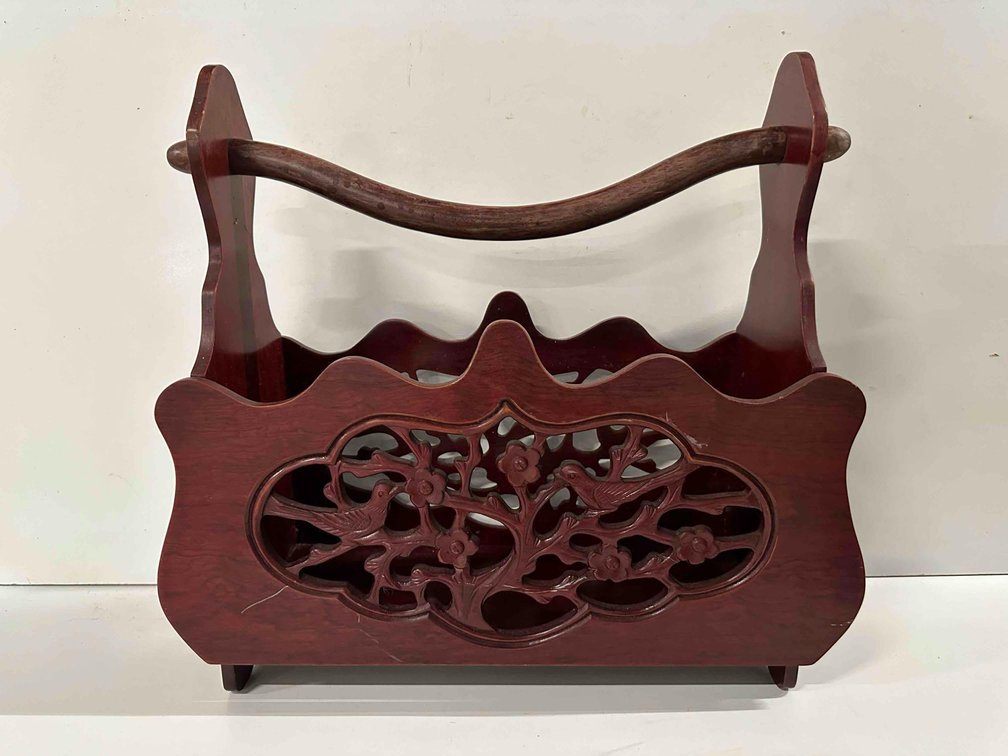 Chinese Hand Carved Cherry Colored Wood Magazine/Mail Holder 