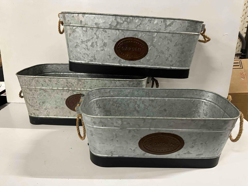 (X's 3) "Garden" Metal Rustic Bucket/Bins with Rope Handles 