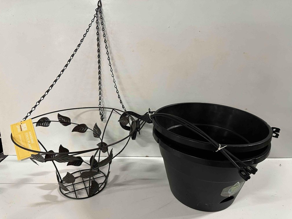 Black Metal Hanging Plant Holder with Two Plastic Inserts 