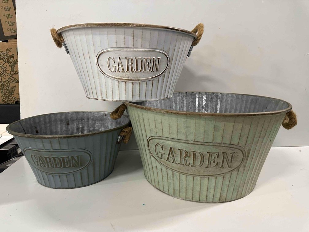 (X's 3) Metal "Garden" Rustic Bucket/Bins with Rope Handles 