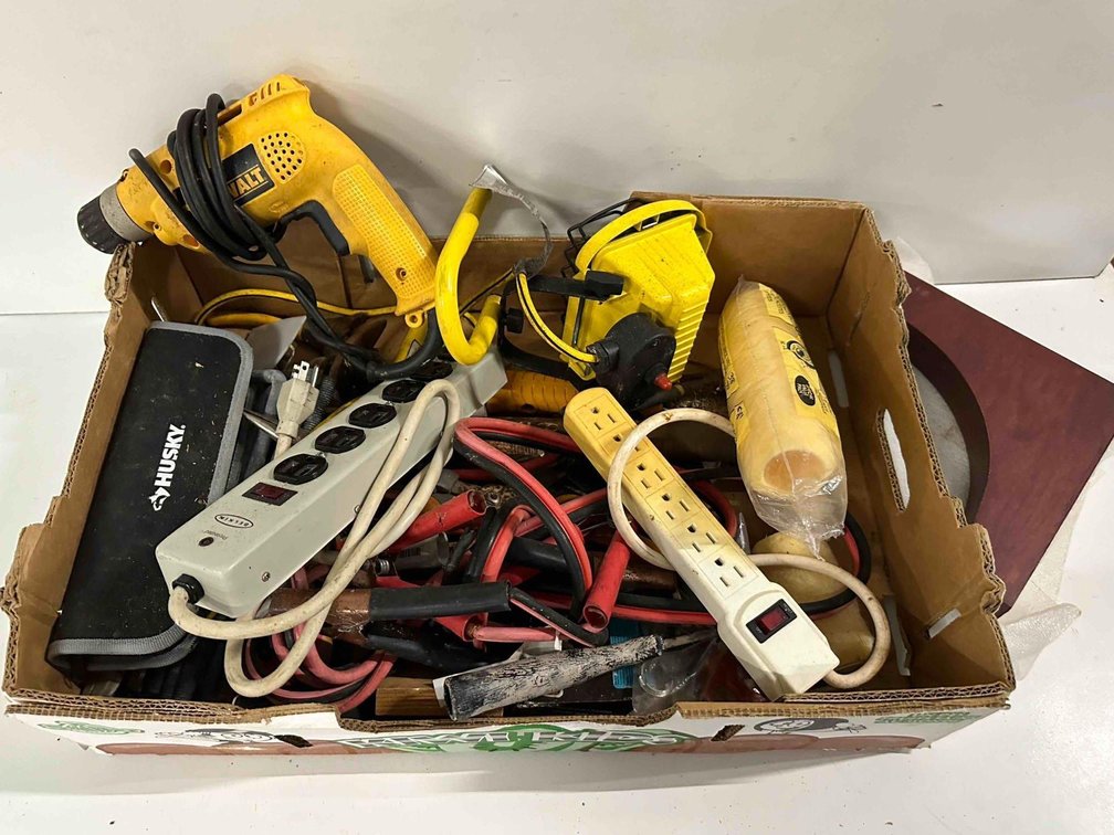 Mixed Lot of Jumper Cables, Power Strips, Dwalt Drill and More 