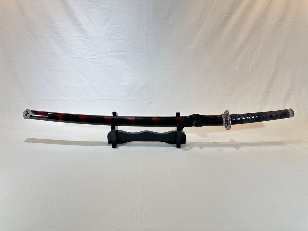 Samurai Sword with Black and Red Sheath on Stand 