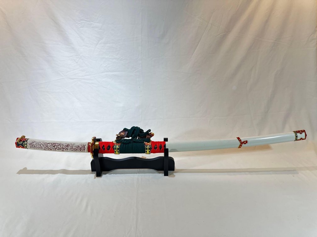 Samurai Stainless Sword with Decorated Red, Green and White Sheath on Stand 