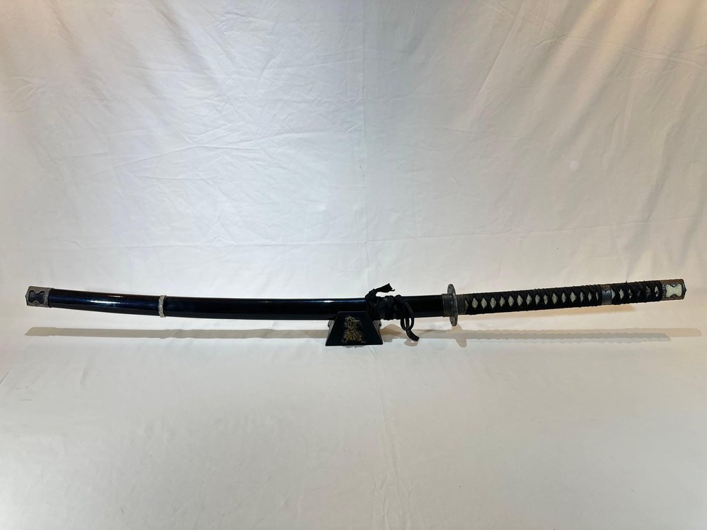 Samurai Sword with Black Sheath and Block Stand 