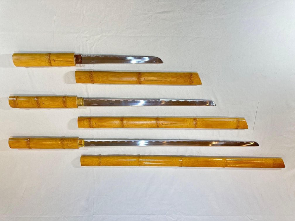 (X's 3) 440 Stainless Steel Short Swords with Bamboo Style Handle and Sheath 