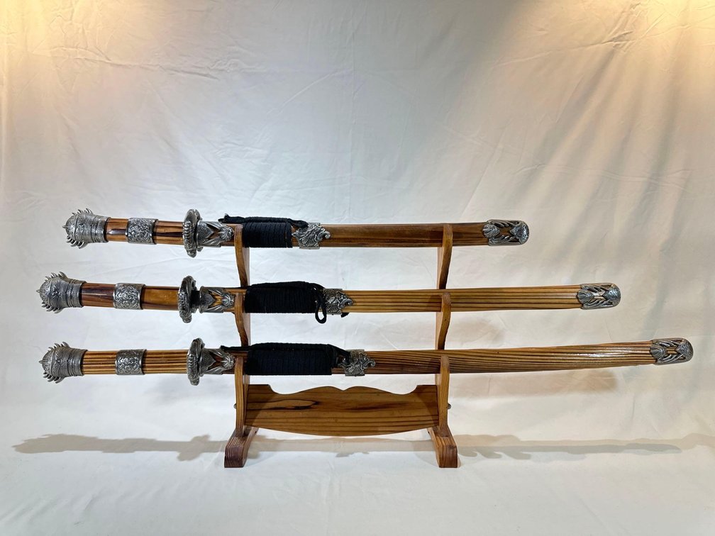 Set of Three Hand Crafted Wood and Metal Detailing Handle and Sheath Samurai Sword Set 